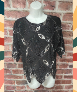 Argenti Silk Beaded Top S | Vintage Black Sequin Scallop Hem Party Eveningwear