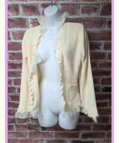 Curio Cardigan S | Vintage 80s Cream Knit Chiffon Ruffle Coquette Cottagecore