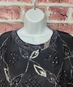 Alternative view of Argenti Silk Beaded Top S | Vintage Black Sequin Scallop Hem Party Eveningwear