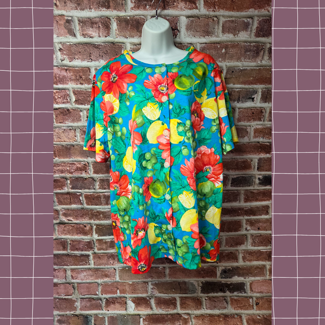 Vintage 80s Women's CAPE COD Floral Fruit Button Down Blouse Top 22W