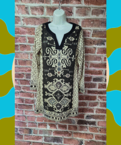 Aryeh Tribal Sweater Dress L | Vintage Boho Tunic Top Geometric Black Knit