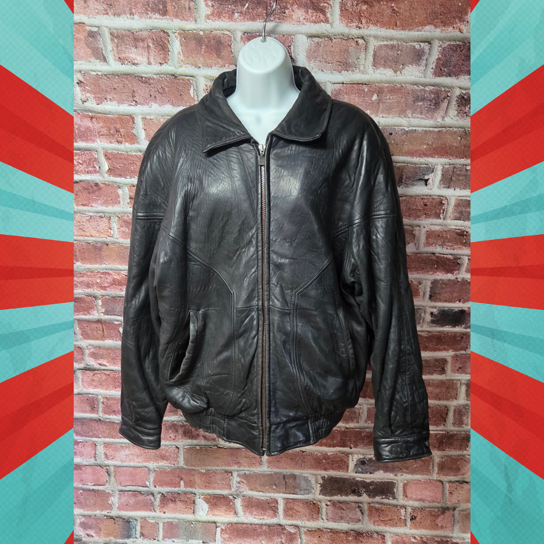 Saxony Vintage Leather Bomber Jacket | Men’s Size 40 | Black Full Zip