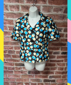 Vintage Le Suit Blue Black Polka Dot Blouse Size 6 Short Sleeve Padded